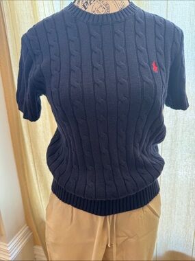 Polo by Ralph Lauren Navy Cable-Knit Short-Sleeve Sweater with Red Pony